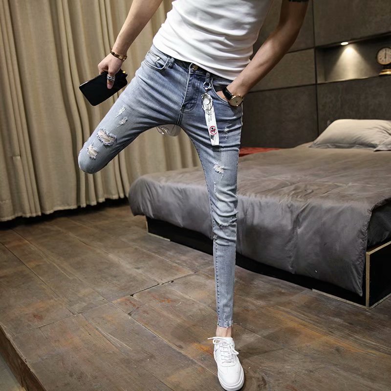 

Fashion 2020 Denim Casual students teenagers Hong Kong style new hole jeans men's slim Korean small feet beggars pencil pan, Sn756black