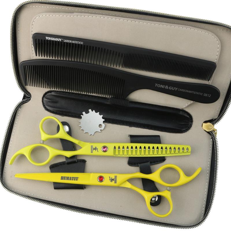 

Yellow paint hairdressing scissors set High quality hairdressing scissors 7.0 inch with drill fast cutting hair tools