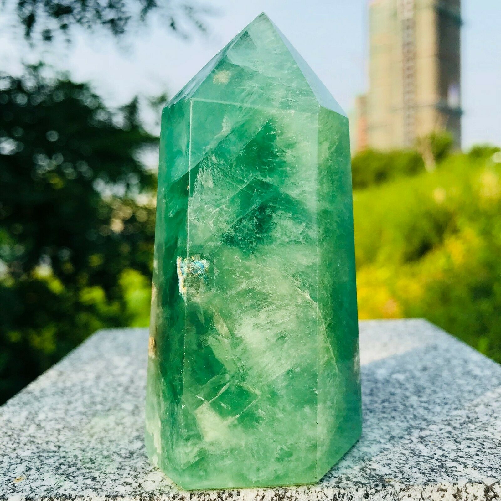 

A+ Natural Green Fluorite Quartz Obelisk Crystal Wand Point Healing