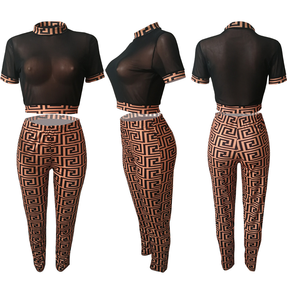 

Womens Brand 2 Piece Pants Nightclubs FF T-shirt Sexy Mesh Set Style Pants Print Women Suit Short Summer 2Piece Fashion 11, Purple