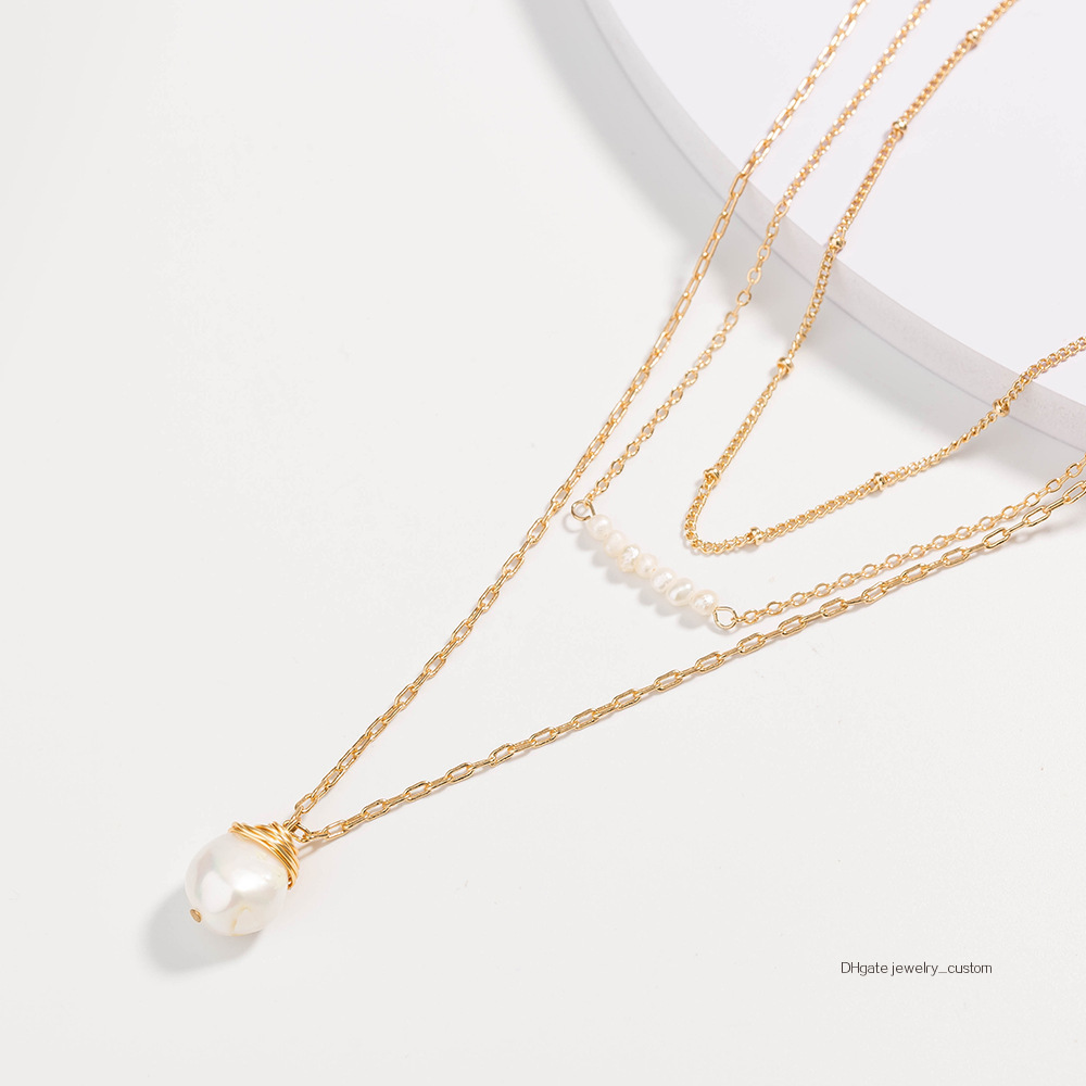 

Golden Manual Chain Jam Freshwater Pearl Pendeloque Cut Clavicle Chain Ma'am Multi-storey Necklace