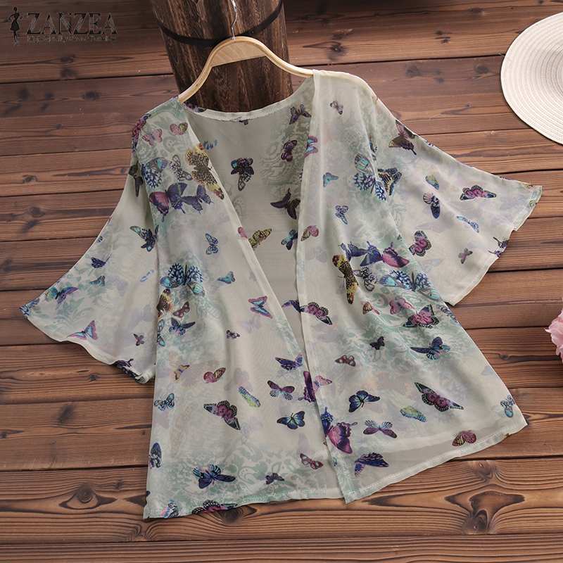 

ZANZEA 2019 Summer Women Kimono Cardigan Ladies Blouse Shirt Casual Floral Print Blusas Tops White Blusa Feminina Plus Size, Floral 1