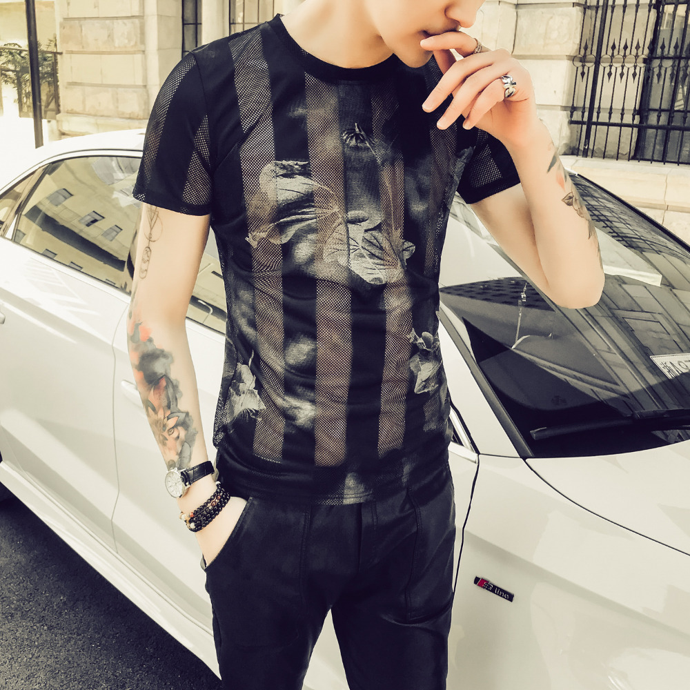 

Summer T Shirt Men Brand New Hollow Striped Men T-Shirts Short Sleeve Slim Fit Print O-Neck Tee Shirt Homme Black