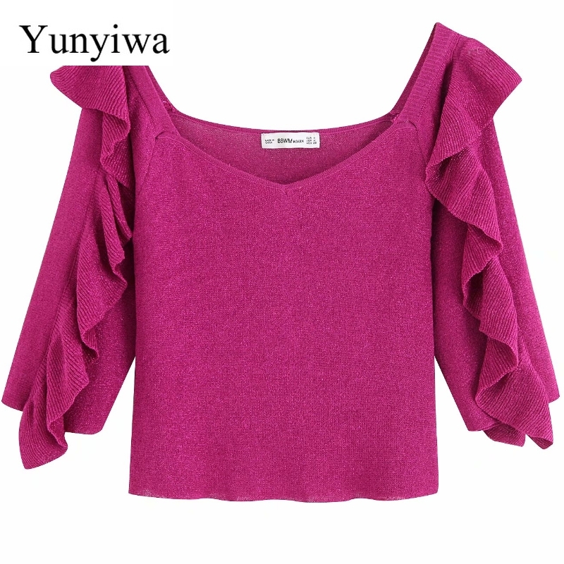 

Women Fashion Laminated Ruffles Knitting Thin Sweater Ladies Solid Color Casual Slim Sweaters Female Autumn Chic Tops, As picture