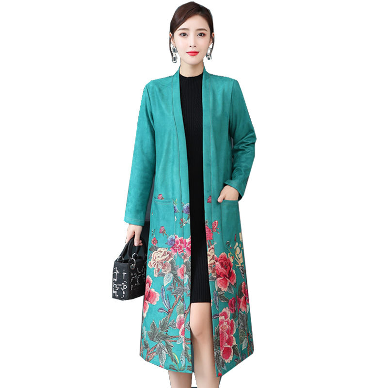 

4XL 5XL Plus Size Printed Suede Trench Coat Elegant Long Cardigans Trench Coats Chaquetas Mujer Suede Coat Women Outerwear C6077, 1 coats