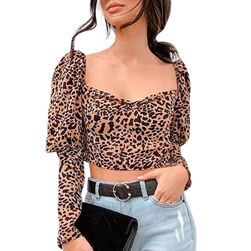 

Women Sexy Long Puff Sleeve Blouse Slim Leopard Print Shirt Casual Blouse Short Tops, Khaki