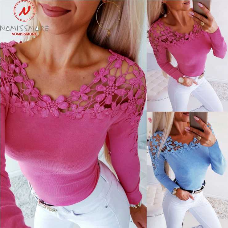 

Women Long Sleeve T-Shirts Patchwork Hollow Out Design Lace Decor See Through O-Neck Solid Top Elegant Lady Autumn Slim Shirts, Blue