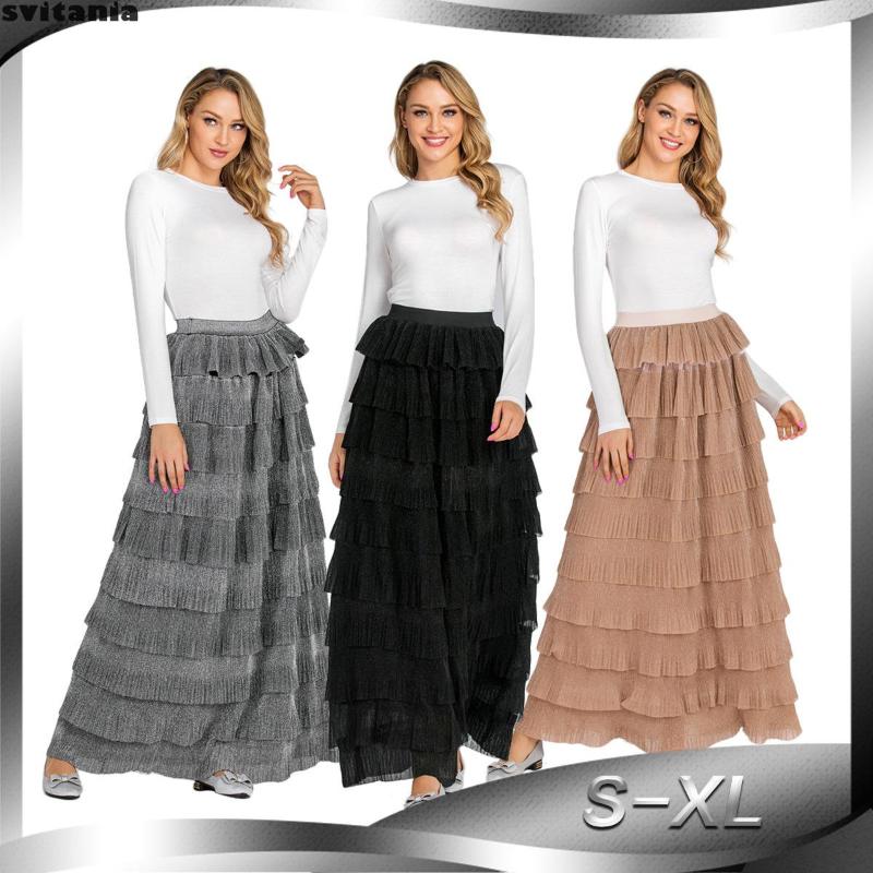 

Svitania Casual Long Skirt Shiny Fabric Cake Skirt Solid color A-line Ankle-length, Beige