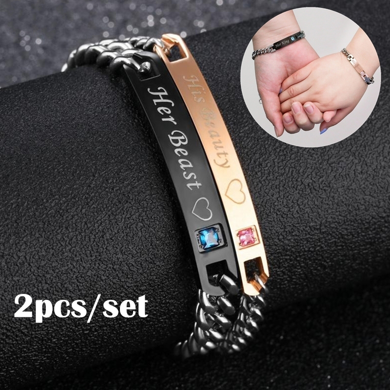 

2pcs set Couple Bracelet His Queen Her King Letter Stainless Steel Crystal Charm Bracelets For Women Men Accessories Jewelry