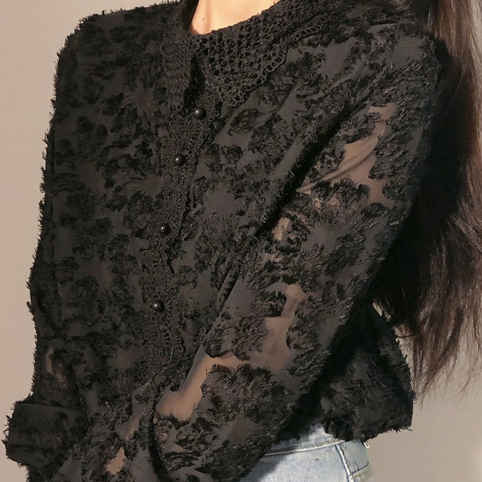 

I Love It! Fancy Romance Flower Lace Mesh Blouse Puff Sleeve Crochet Short Shirt Women Top Chemisier Femme Renda Blusa Mujer, Black