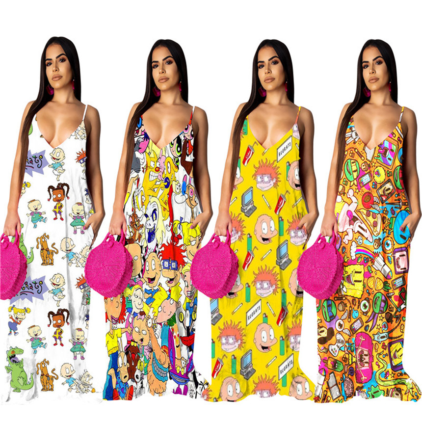 Les femmes casual robe imprimée de dessin animé robes de vêtements d'été sexy manches longues jupes mixi de spaghetti robe de Catton taille plus