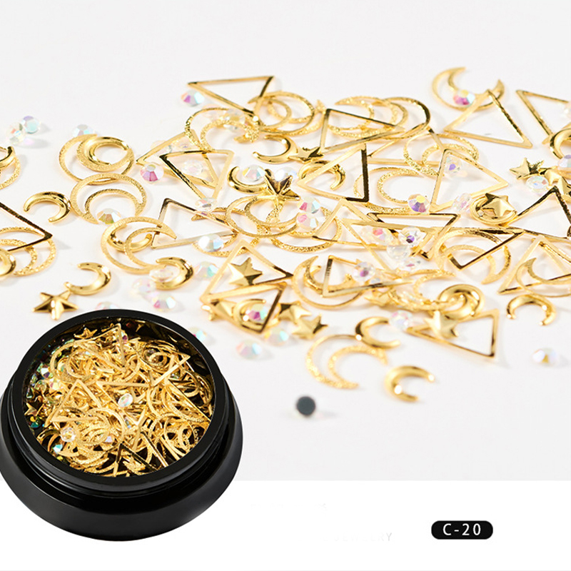 

1Box 3D DIY Nail Decorations Golden Metal Rhinestones NailArt Moon Stars Series Nail Jewelry Mixed Geometrical Shapes