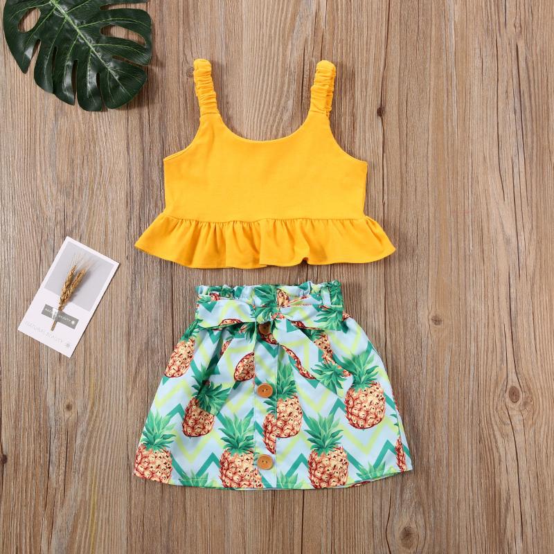 

Summer Newborn Children Baby Girl Yellow Vest Tops Pineapple Print Skirt Dress Clothes Set 1-5Y, As pic