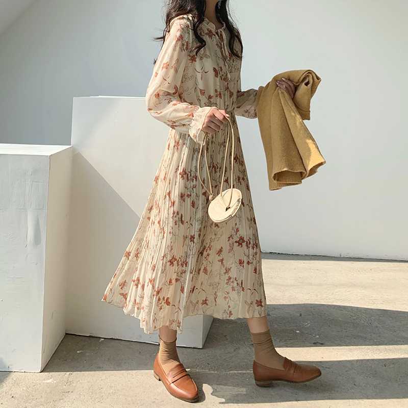 

Spring Casual Women Flowers Print Empire A-Line Mid-Calf Dress Korean Long Sleeve O-Neck Ruffles Ladies Dresses Vestidos, Lvory print dress