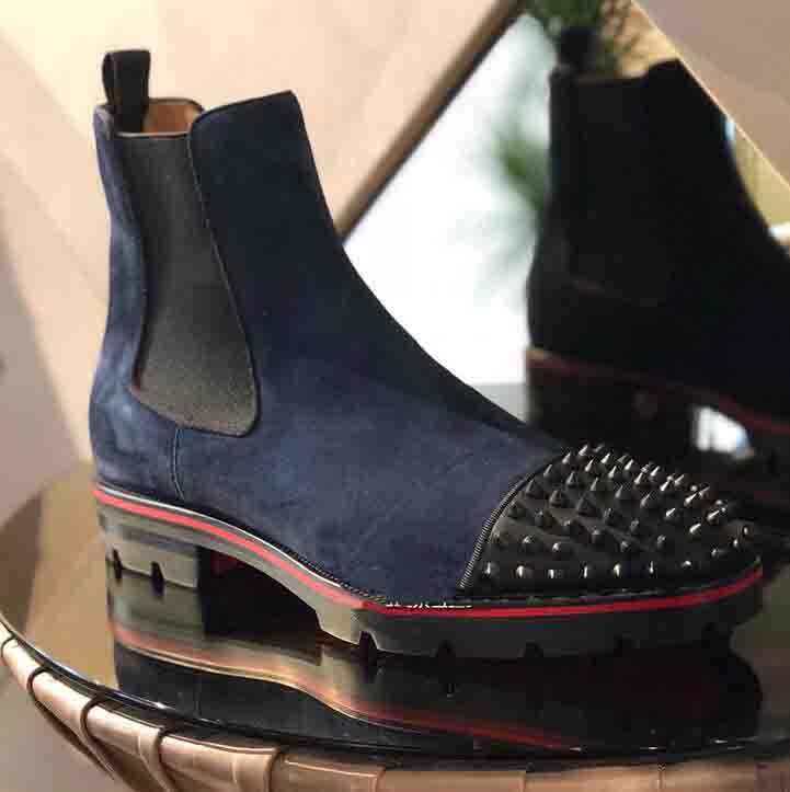 

Top Luxury Red Sole Fashion Trend Men Boots Ankle Boot Genuine Leather Suede With Reds bottoms Rivet Decorative Short Knight Boots, Color 2