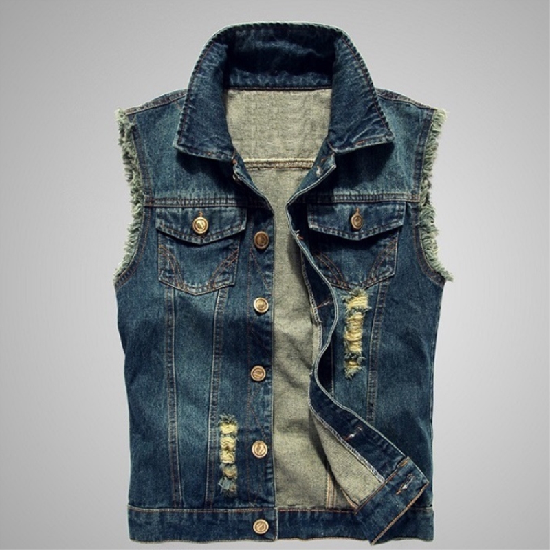 

Brand Men Denim Jeans Vest Coat 2019 Plus Size Streetwear Cowboy Waistcoat Fashion Ripped Hole Tassel Pocket Sleeveless Jacket, Black