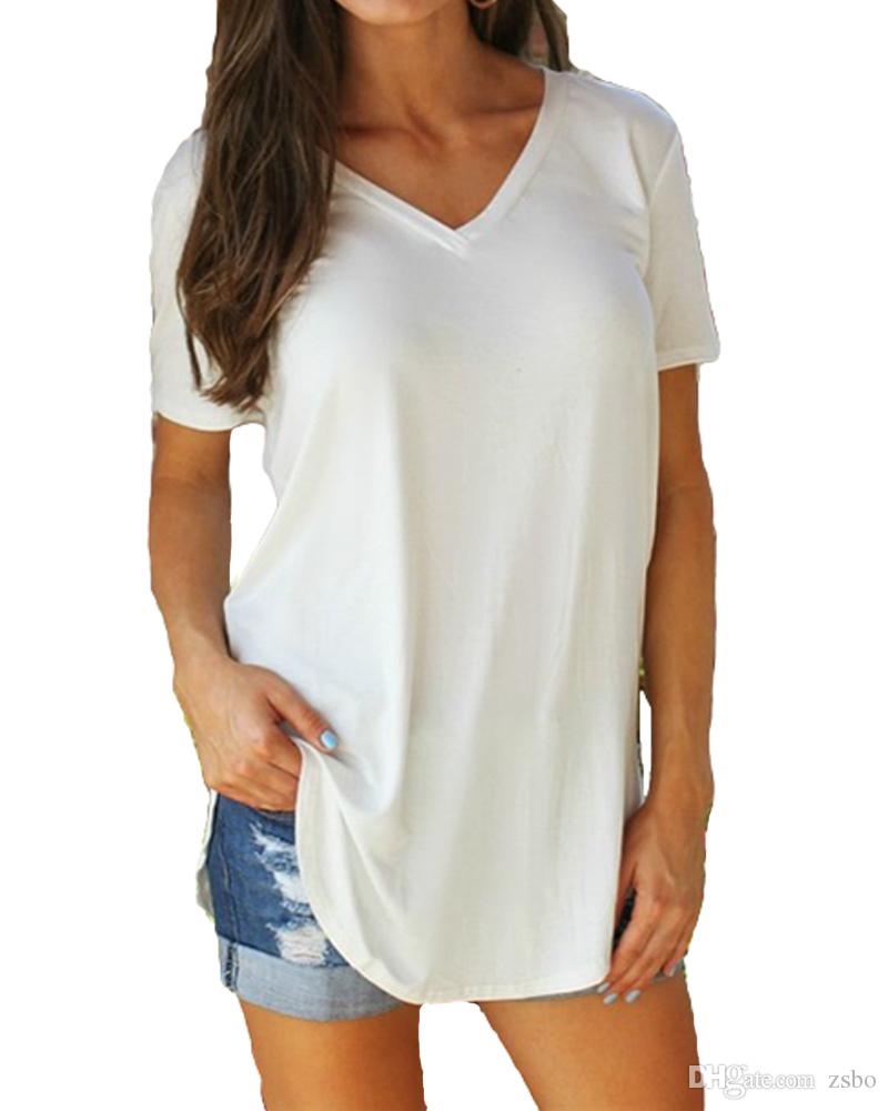 

19ss Sprint Summer Autumn Large Sizes Women T-shirt Solid V Neck long Short Sleeve Rounded Hem Long tshirt Casual Top female Tunic NVTX85, White