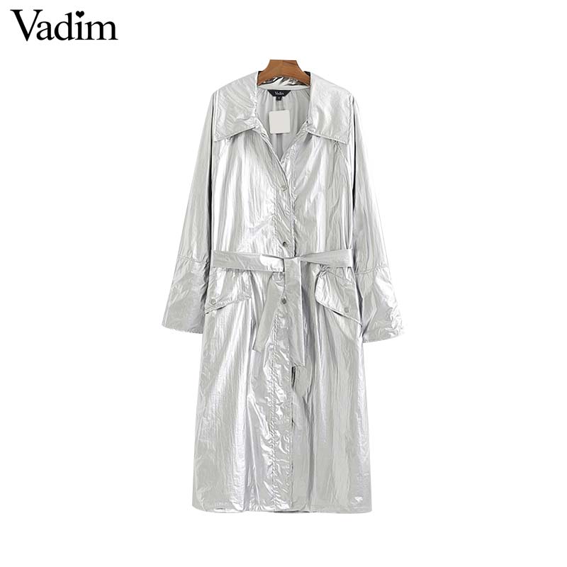

Vadim women stylish solid shiny loose long trench bow tie sashes pockets long sleeve coat female elegant outwear tops CA535, As picture