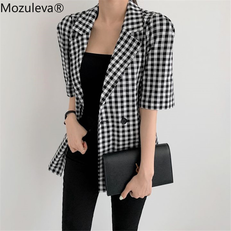 

Mozuleva Vintage Plaid Suit Blazer Jacket Loose Elegant Summer Blazers 2020 Fashion Office Lady Short Sleeve Women Coat Tops, Black