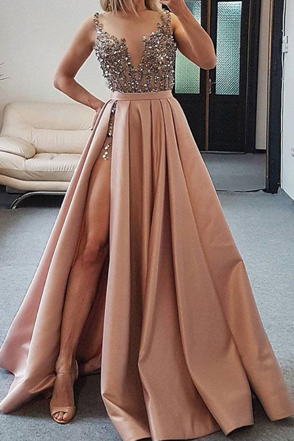 

Sheer Mesh Top A Line Prom Dresses 2020 With Satin Detachable Skirt Beaded Sequins Top Split SweepTrain Formal Party Evening Gowns, Silver