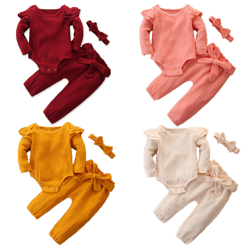 

Baby Girls Outfits Suit 4 Color Toddler Ruffler Long Sleeve Romper Tops Kids Casual Clothes Girls Cotton Pants Headband Kids Casual Set 06, Pink