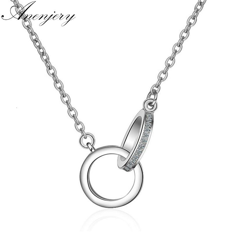 

925 Sterling Silver Double Circle Cz Zirconia Pendants Necklaces For Women Gift Kolye Choker Chain Collares