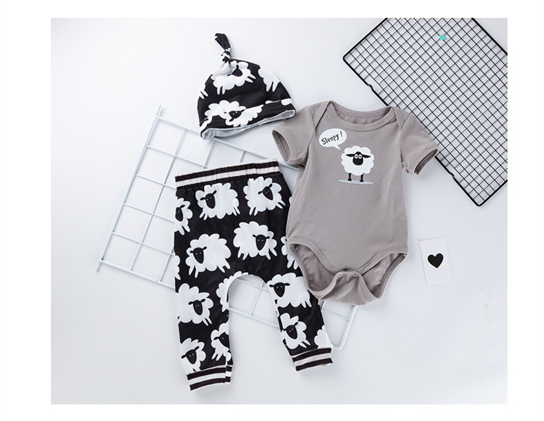 

Infant Clothing Toddler Newborn Baby Girl Boy Clothes Cute Sheep Printing Pants+Rompers+Hat Sets High Quality Cotton Baby Outfit, Customize