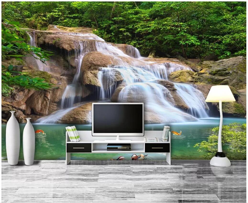 

custom photo 3d wallpaper Forest waterfall flowing water scenery tv background living room home decor 3d wall murals wallpaper for walls 3 d, Non-woven wallpaper