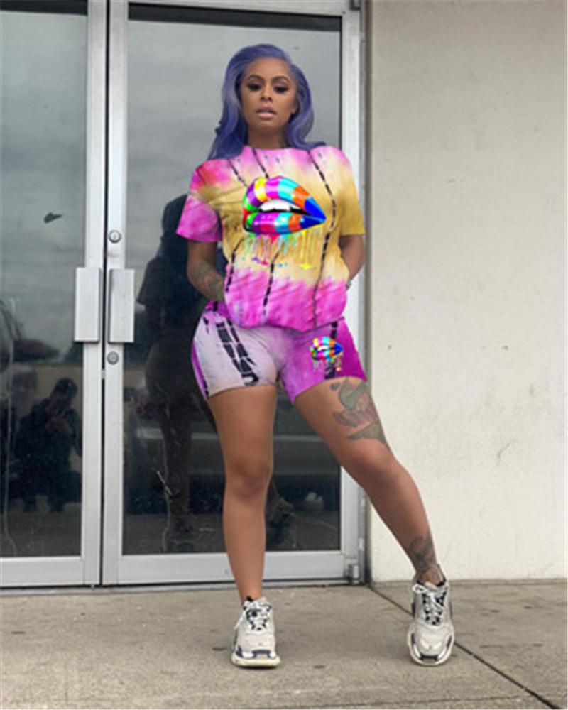 

Lip Tie-dye Print Women Sets Hot Fashion Summer Casual Tracksuits Female Short Sleeve Clothing Sets Street Hipster Shorts Two Piece Suits
