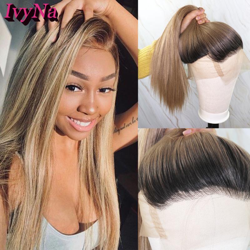 

IvyNa 22 Inch Long Straight Synthetic Full Lace Wigs for Women Dark Roots Blonde Ombre Full Lace Wigs Prre Plucked 150% Density, 1b103 blonde ombre