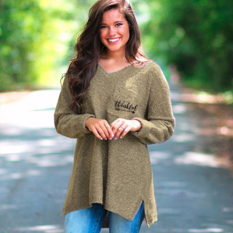 

Hot Womens Casual Solid Long Sleeve Tops Shirt Ladies V Neck Loose T-shirt Top, Gray
