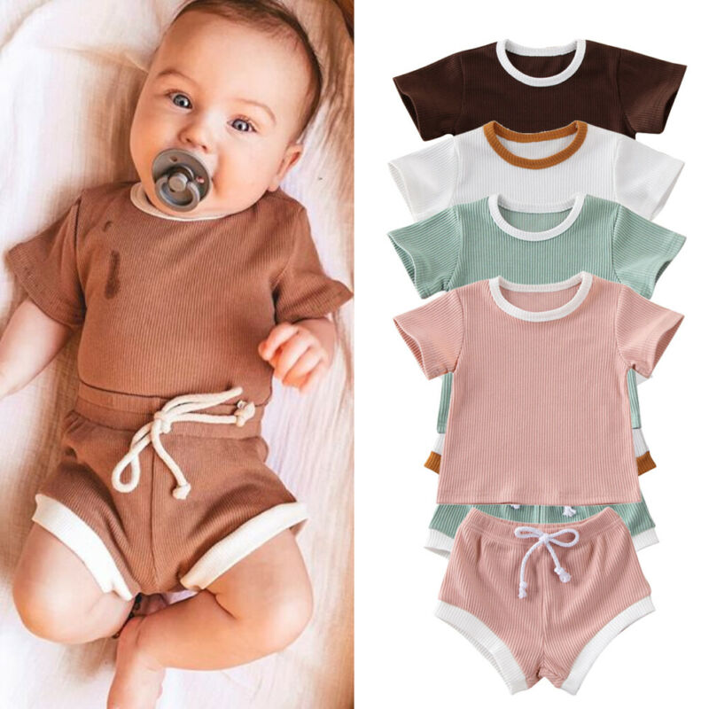 

2020 Baby Summer Clothing Infant Baby Girl Boy Clothes Short Sleeve Tops T-shirt+Shorts Pants Ribbed Solid Outfits 0-3T, Brown