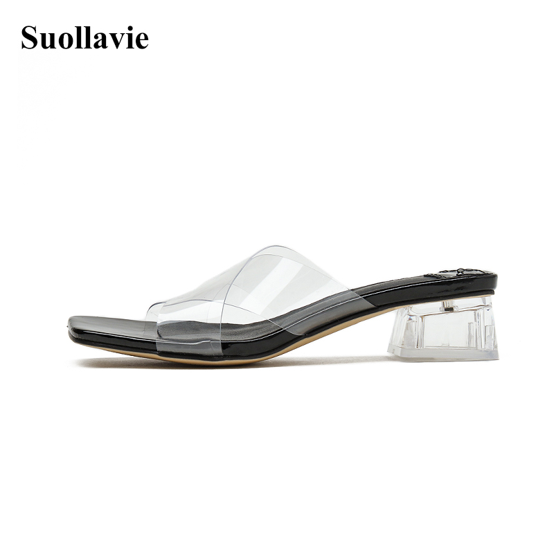 

Suollavie Casual PVC Transparent slippers Fashion square low heel shoes Slides shoes clear sandals open toe outdoor flip flops, Blck