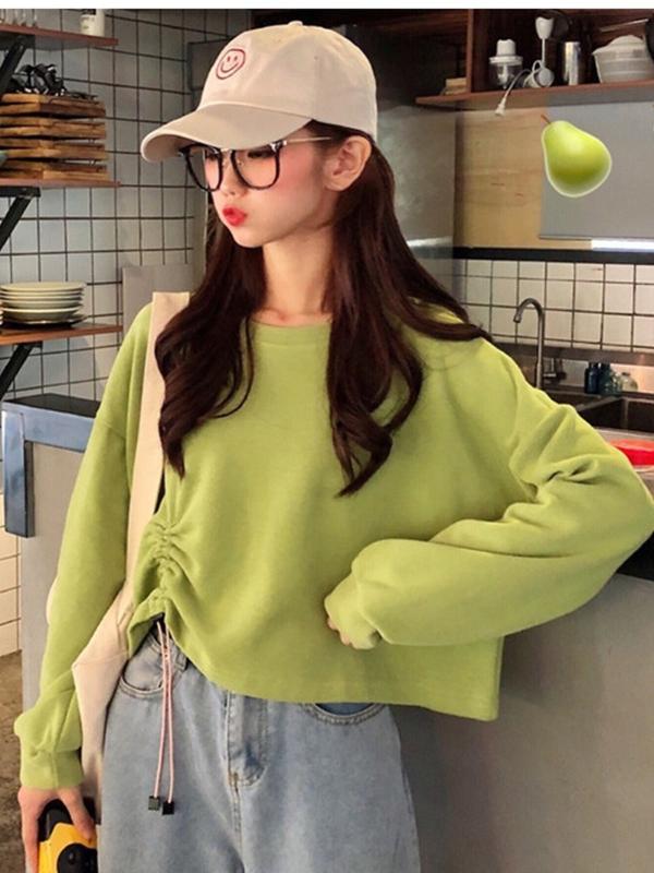 

Spring Autumn Korean Harajuku Short Sweatshirts Women Sweet Style Drop Shoulder Drawstring Hoodies Student Chic Solid Color Top, Green