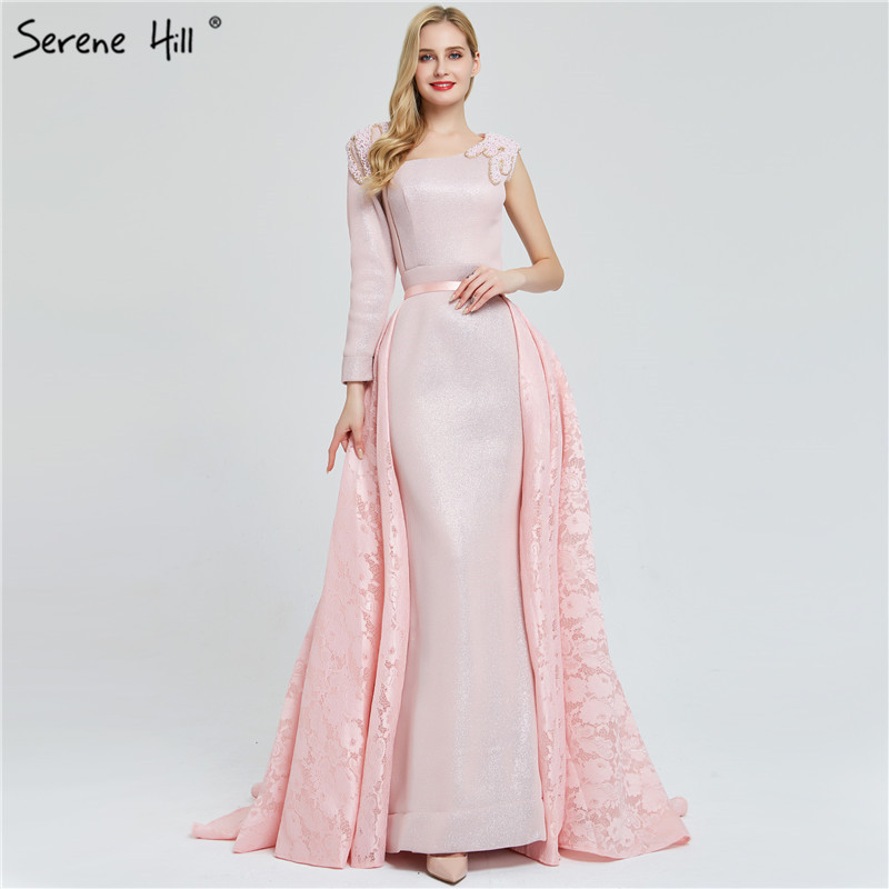 

DuBai Design Pink One Shoulder Evening Dresses Vintage Pearls Mermaid Sexy Evening Gowns 2019 Real Photo LA60929