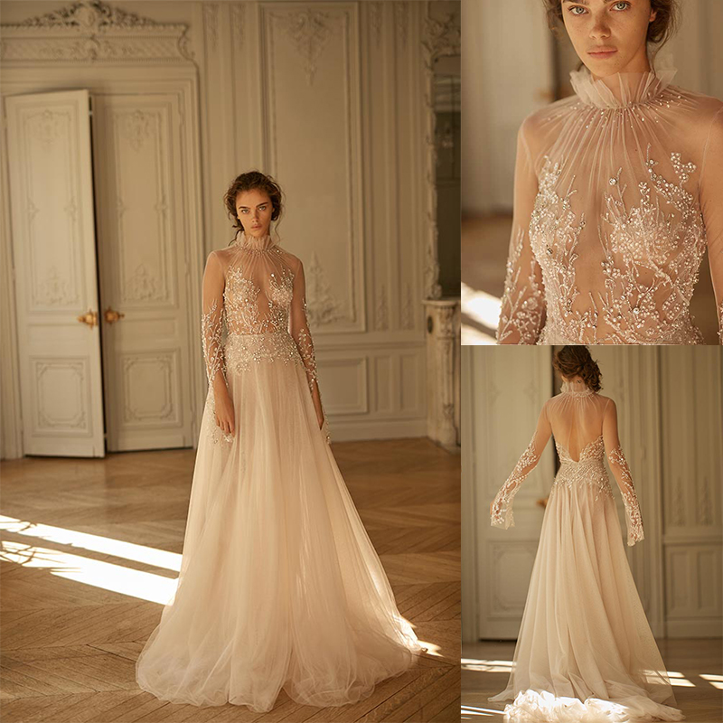 

Newest Bohemian Lia Martinez A Line Wedding Dresses High Neck Long Sleeve Crystal Tulle Lace Wedding Gowns Sweep Train robe de mariée, Green
