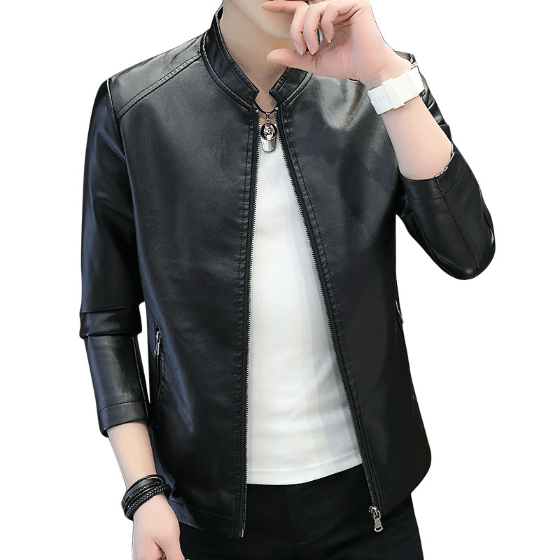 

Men's 5XL wallet, men's wallet, high collar coat, motorcycle leather jacket, thin leather jacket, Black