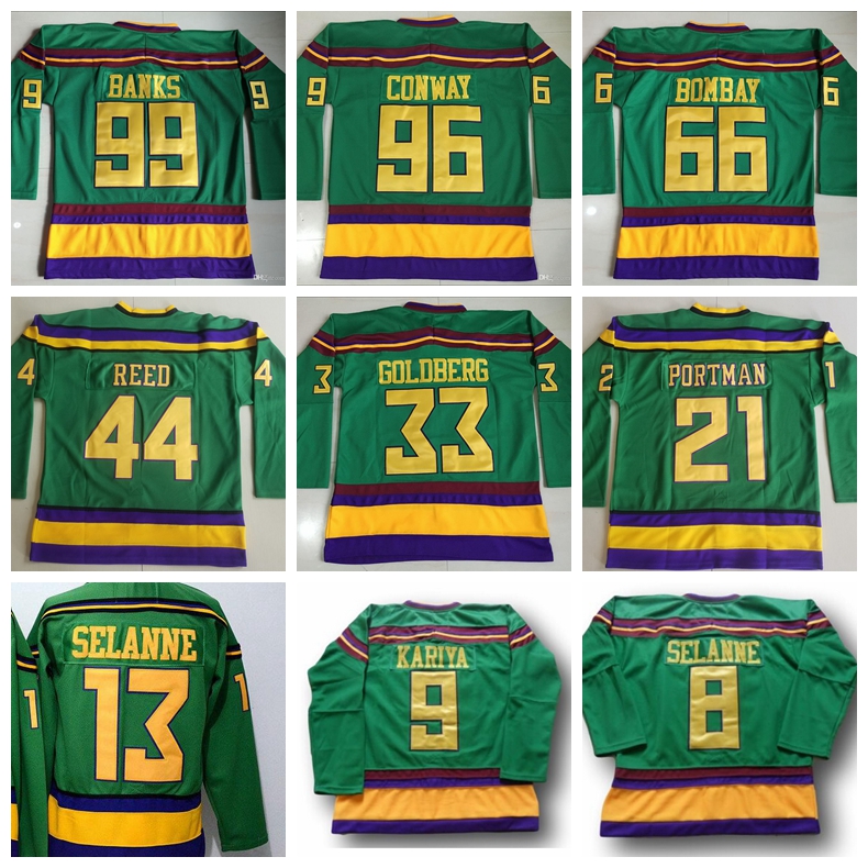 

The Mighty Ducks Movie Jersey Hockey 1993 Vintage 96 Charlie Conway 21 Dean Portman 44 Fulton Reed 33 Greg Goldberg 66 Gordon Bombay, Black