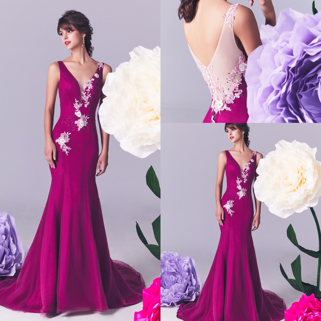 

New Evening Dresses Deep V Neck Sleeveless Lace Appliques Beads Prom Gowns Backless Sweep Train Mermaid Special Occasion Dress, Burgundy