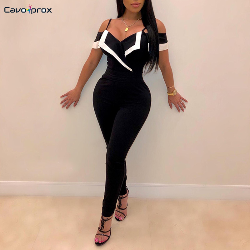 

Women Color Block Cold Shoulder Bodycon Skinny Jumpsuits Streetwear Overalls Plus Size Slim Fit Fashion New Trends Jumpsuits, Black