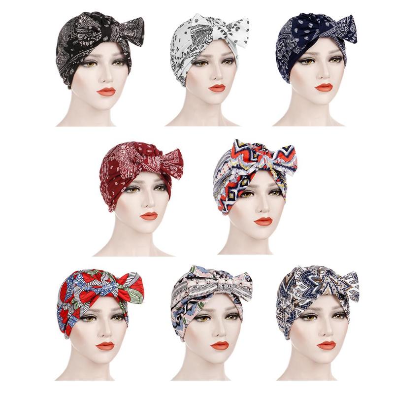

Women Muslim Headscarf Cap Bowknot Print Headband Turban Headwrap Headscarf Wraps Visor Thick Cap Berets Turban Headwear