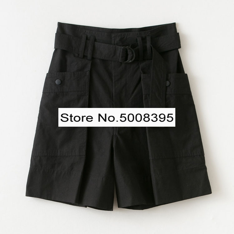 

[ElfStyle] - Woman Fashion Cotton Shorts High Waist with Belt Big Pockets Loose Short Pants 2020 new, Black
