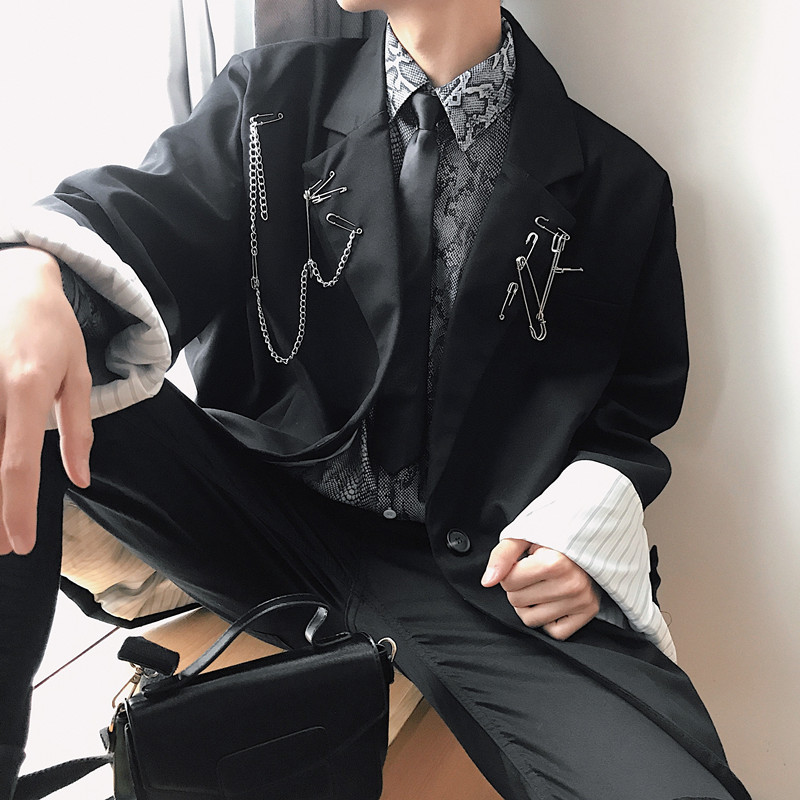

Men' Suits & Blazers 2021 Men Pin Metal Chain Streetwear Hip Hop Punk Gothic Loose Black Blazer Coat Male Casual Suit Jacket Outerwear