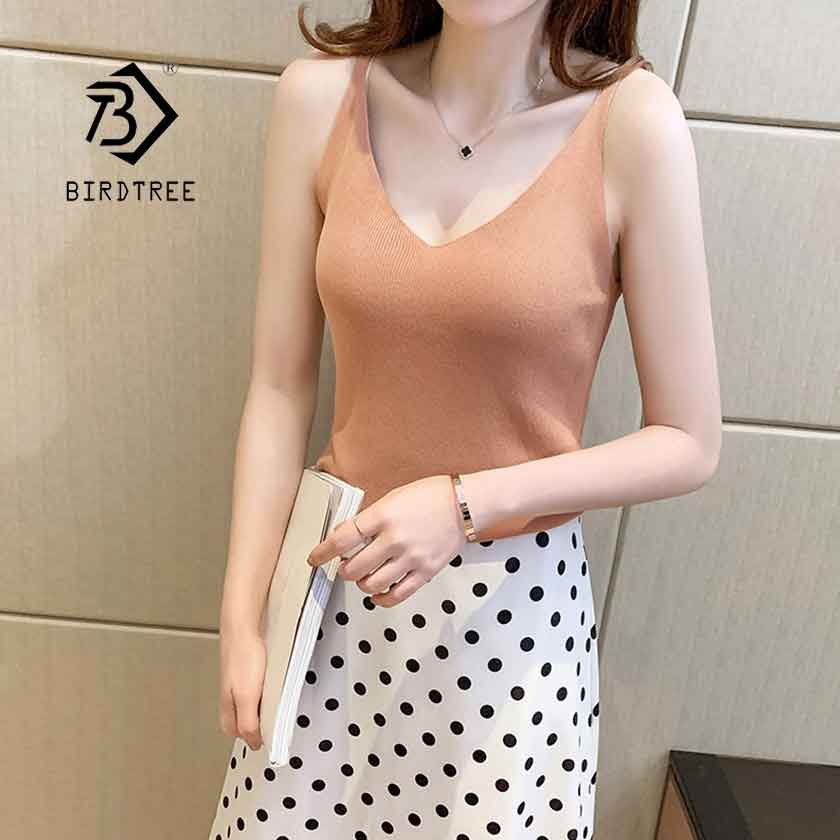 

2019 Summer Sexy V Neck Camisole Female Inside Ice Silk Knitted Bottoming Shirt Backless Sleeveless Out Wear Hot Sale T96905X, Black