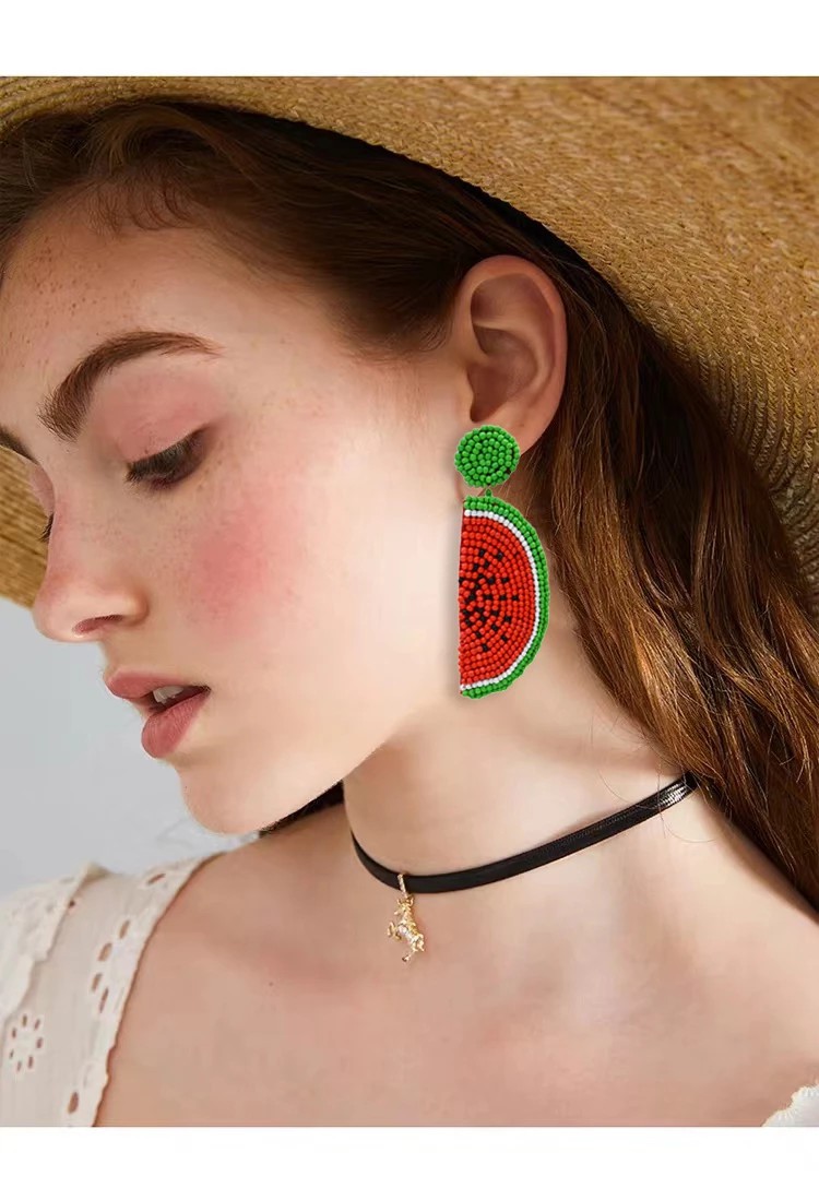 

Creative Fruit Watermelon Melon Pitaya Shape Earrings Summer Cool Beach Pendant Earrings Beaded Handmade Woven Earrings