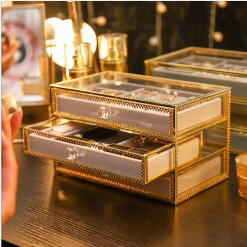 Storage Boxes Copper-rimmed Glass Jewelry Earrings Ring Necklace Finishing Box Frame Dust-proof Cloth-image-475204718