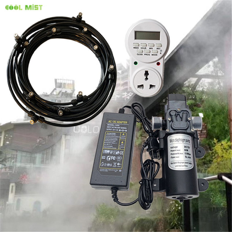 

Timer control 8M-18M watering kits 12V DC pump mist water sprayer fine fog nebulizer slip lock nozzle 1/4'' PE hose sprayer M038