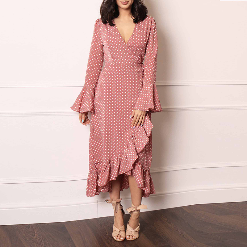 

2020 Spring Women Irregular Ruffles Long Dress V-neck Polka Dot Print Vintage Dress Ladies Flare Sleeve Dating Party Dresses, Black