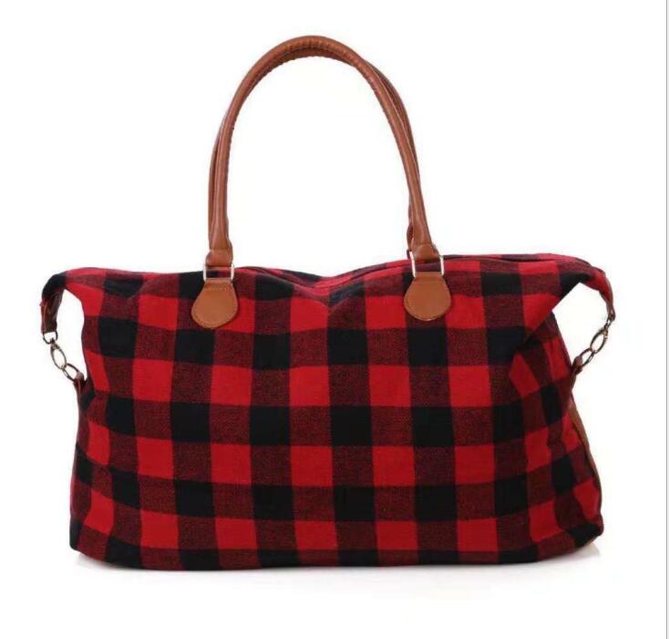 red and black plaid bag
