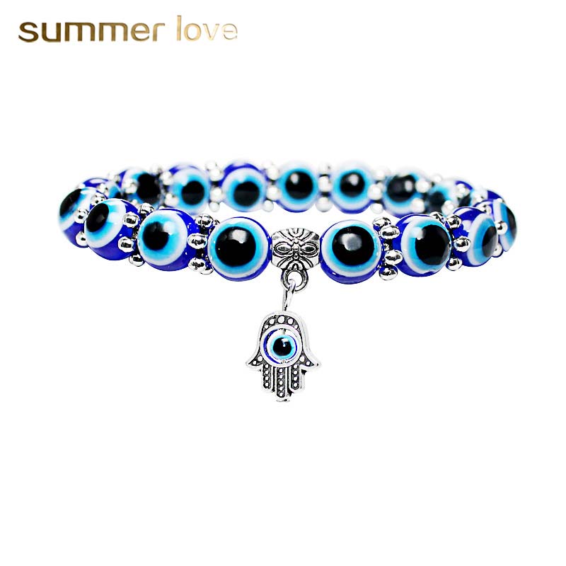 

New Fashion Evil Blue Eye Acrylic Beads Bracelet for Women Elastic Hamsa Hand Blue Color Turkish Bracelet Trendy Jewelry Wholesale, Black